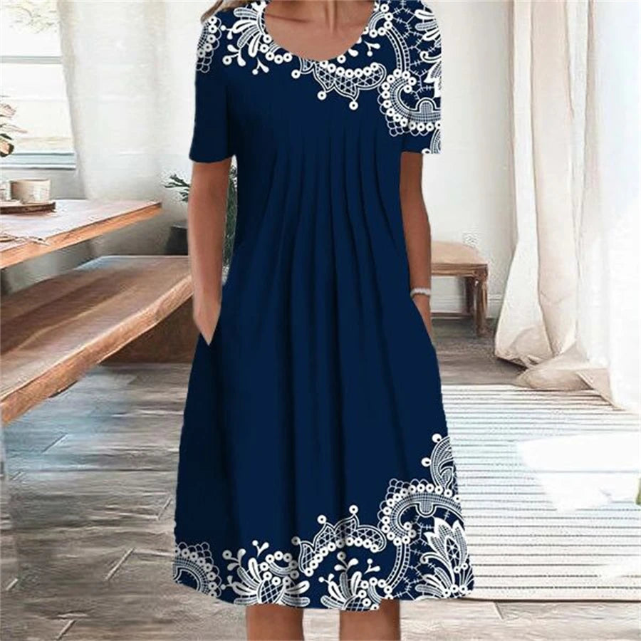 Print O-Neck Short Sleeve Regular Fit A-Line Knee-Length Dress – Non-Stretch Polyester, All Season Luxegan