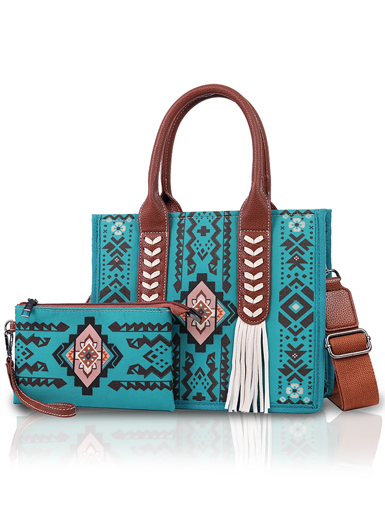 Ethnic Print Hand-Held Crossbody Bag Set | Sophisticated Tassel Decoration Shoulder Bag | Elegant Women’s Commuting Square Handbag | Luxury Polyester Multi-Piece Set with Matching Coin Purse Luxegan
