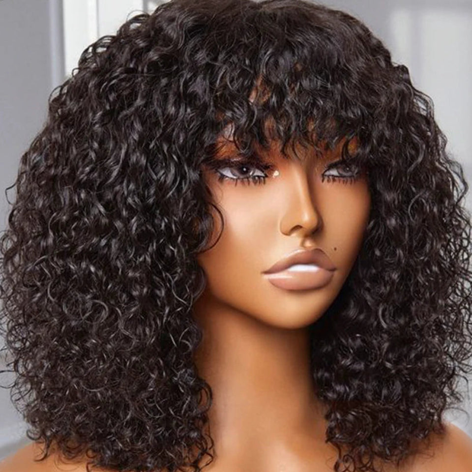 150% Density Peruvian Wet & Wavy Short Pixie Bob Wig with Bangs - Full Machine-Made Glueless Jerry Curly Tutu Wig - 100% Remy Human Hair Wear-and-Go Highlight Fringe Wig for Women (14-20 Inch) Luxegan