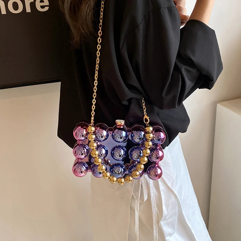 Luxury Acrylic 'Cake Box' Bag | Elegant Gold Beaded Chain Handbag Luxegan
