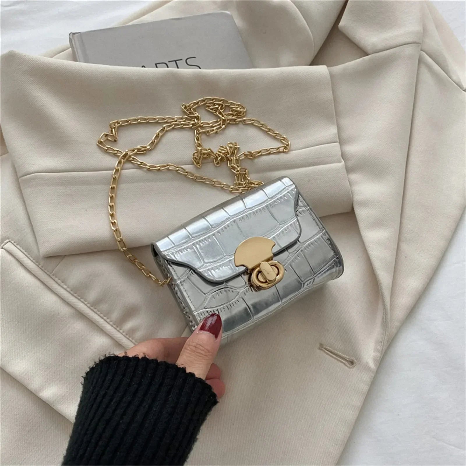Korean Style Leather Bright Surface Shoulder Bag | Chain Mini Crossbody Bag & Lipstick Pouch Luxegan