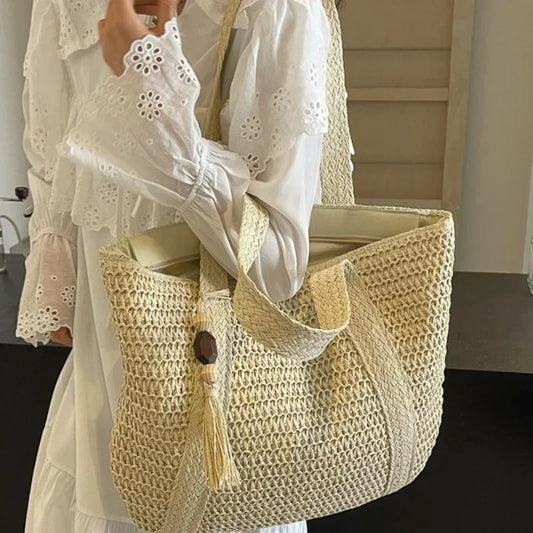 Fashion Straw Summer Large Capacity Tote Bag | Women's Shoulder Bag & Handmade Woven Bag (Fresh Rural Handheld Grass Woven Women Bag) Luxegan