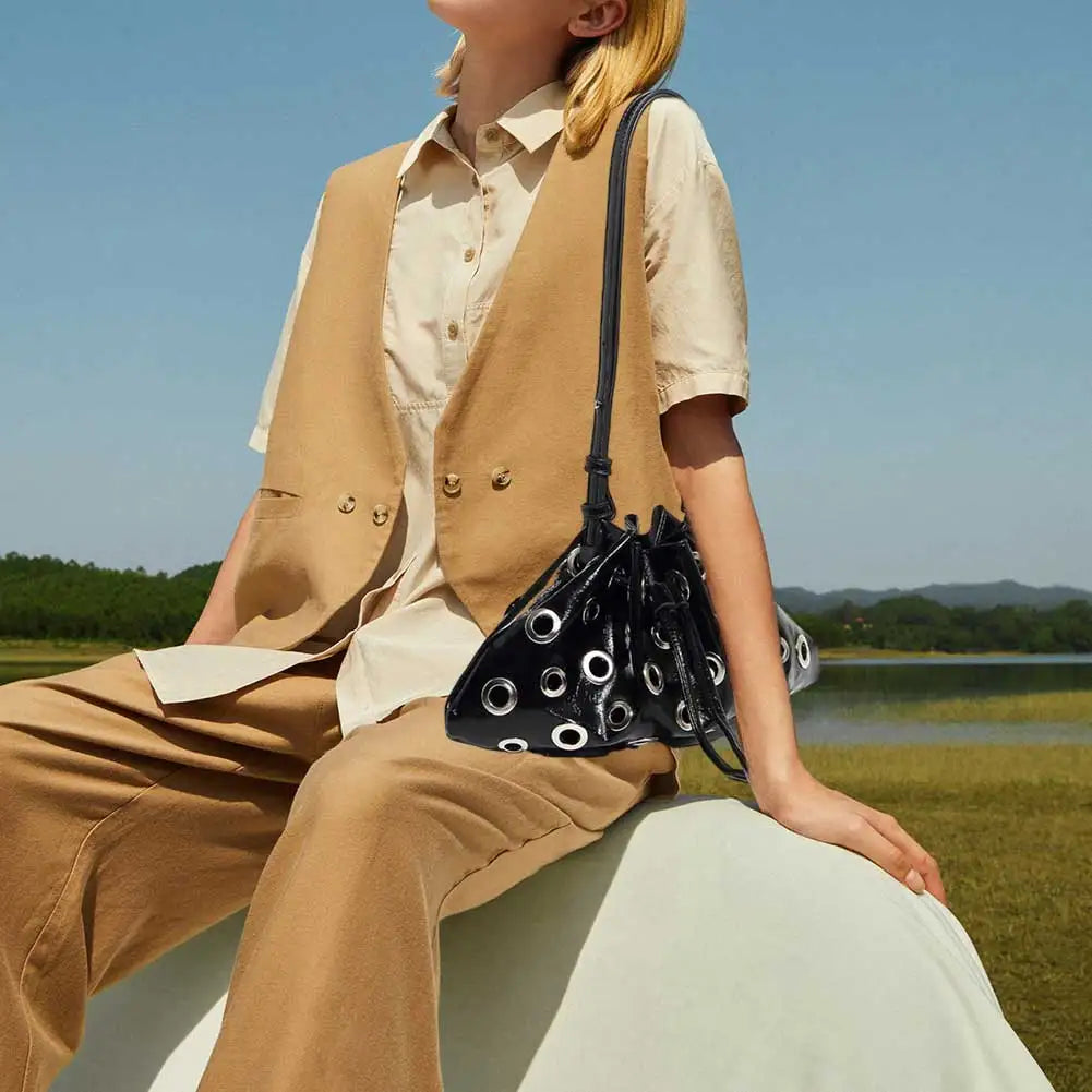 Y2K Retro Hobo Handbag | Metal Stud Large Capacity Drawstring Bag Luxegan