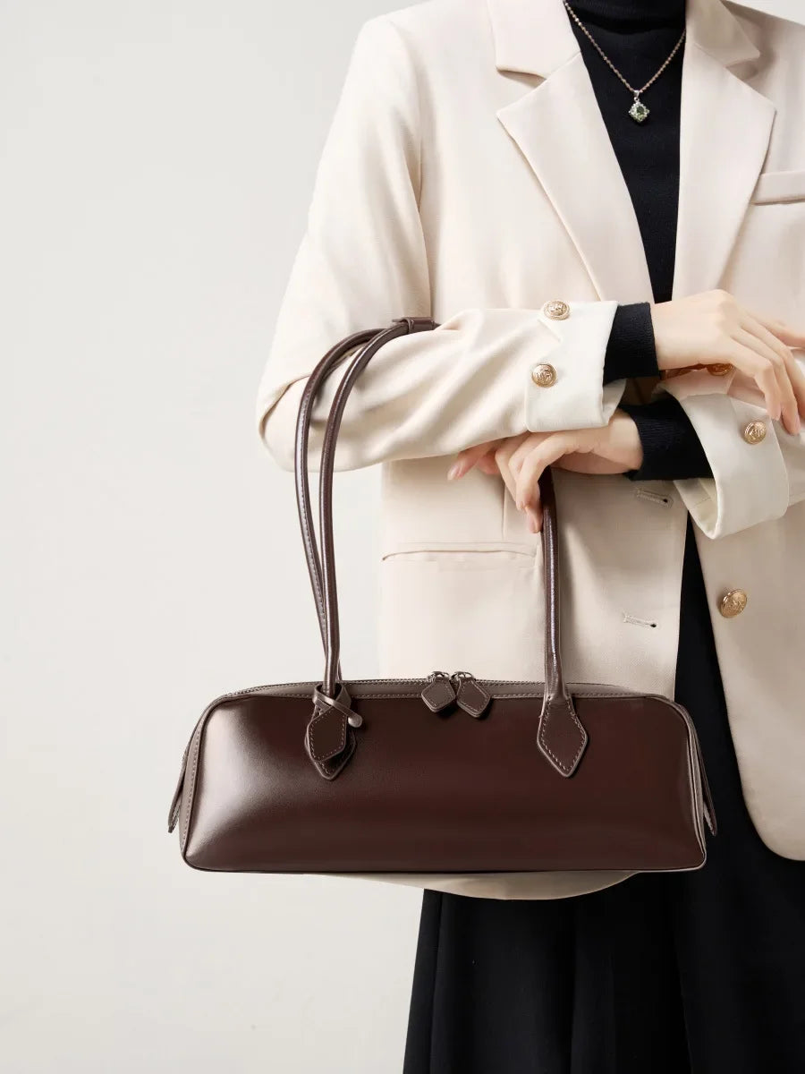 New Genuine Leather Women's Shoulder Bag | Large Capacity Cowhide Luxury Handbag (Long Strip Wine Red Baguette Bag) Luxegan