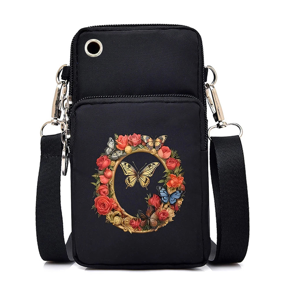 Women’s Small Crossbody Mobile Phone Bag | Sophisticated Vintage Flower & Alphabet Purse | Elegant Mini Messenger with Soft Leather Strap | Fashion-Forward Cartoon Applique Shoulder Bag (Model 858) Luxegan