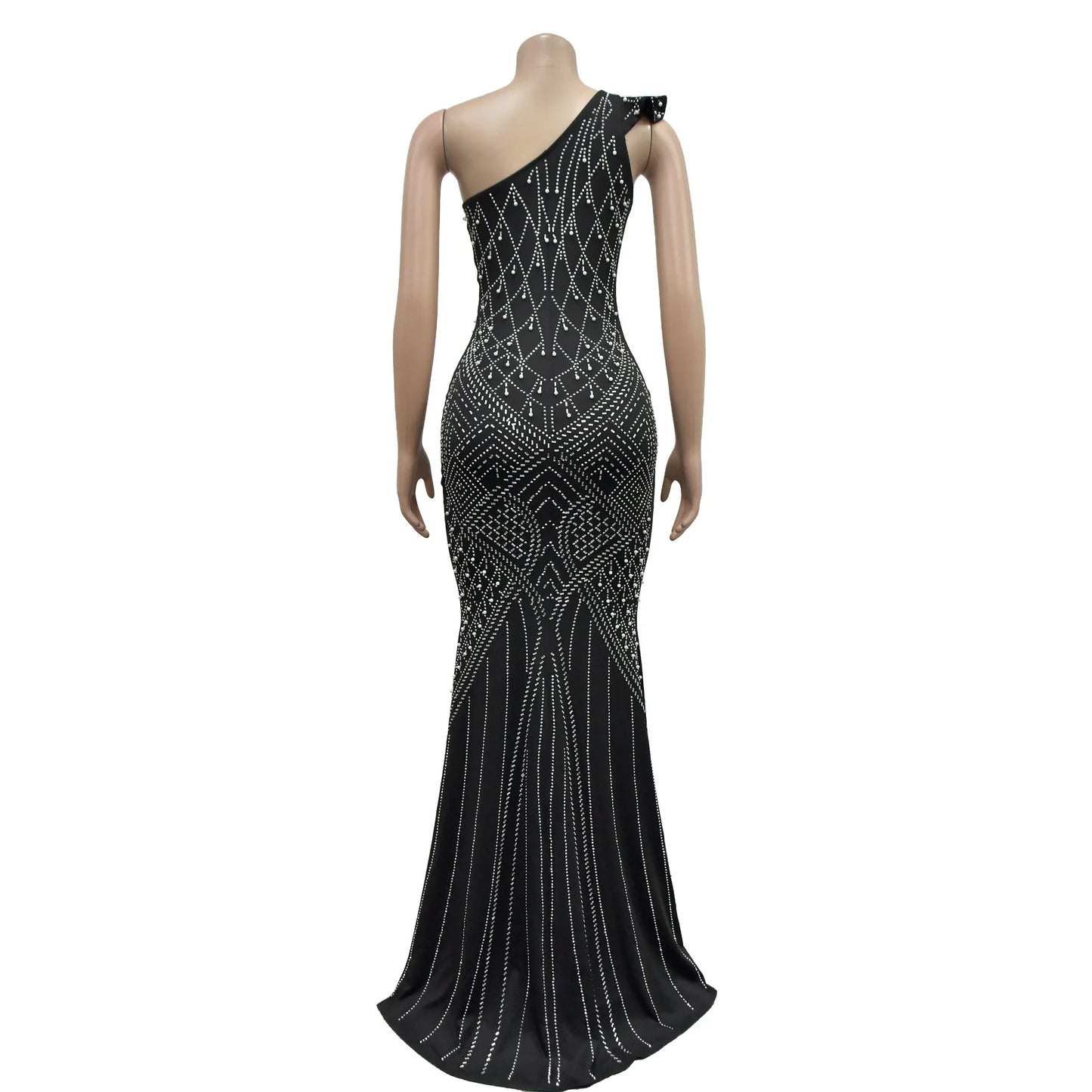 One-Shoulder Skew Collar Hot Drilling Midi Dress | Sleeveless Hip Wrap Sheath Sexy Club Party Dress Luxegan