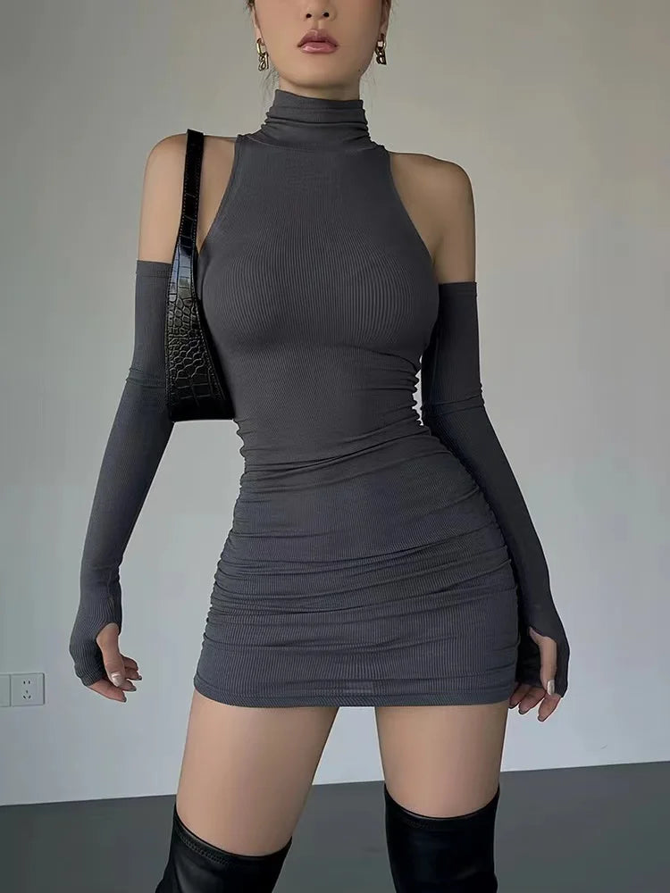 Solid Club Turtleneck Three-Quarter Sleeve Slim Sheath Mini Dress with Ruched Detailing – Rib Knit Polyester and Elastane, Empire Waist, Autumn Luxegan