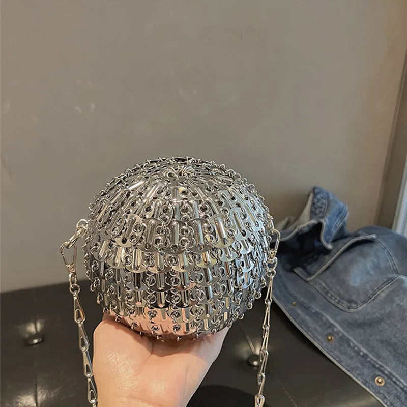Designer Aesthetic Handmade Woven Metal Bag | Luxury Metal Sheet Ball Shoulder Bag | Elegant Hollow Out Evening Purse | Fashionable Metallic Holiday Party Crossbody Luxegan