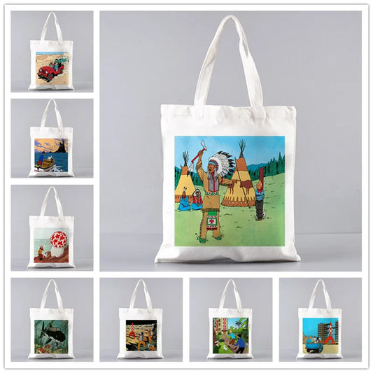 Soft Tintin Cartoon Canvas Large Capacity Tote | Open-Top Shopping Bag Luxegan