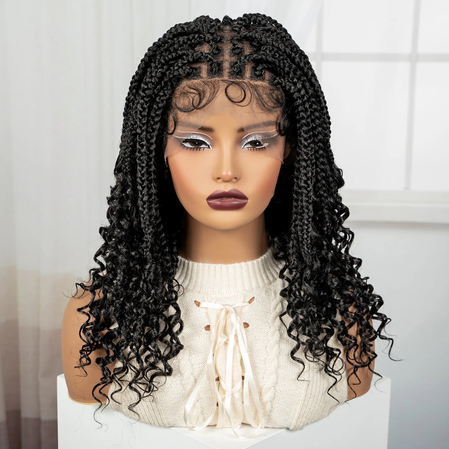 Burgundy Boho Knotless Braids Bob Wig with Curly Ends | Full Lace Luxegan