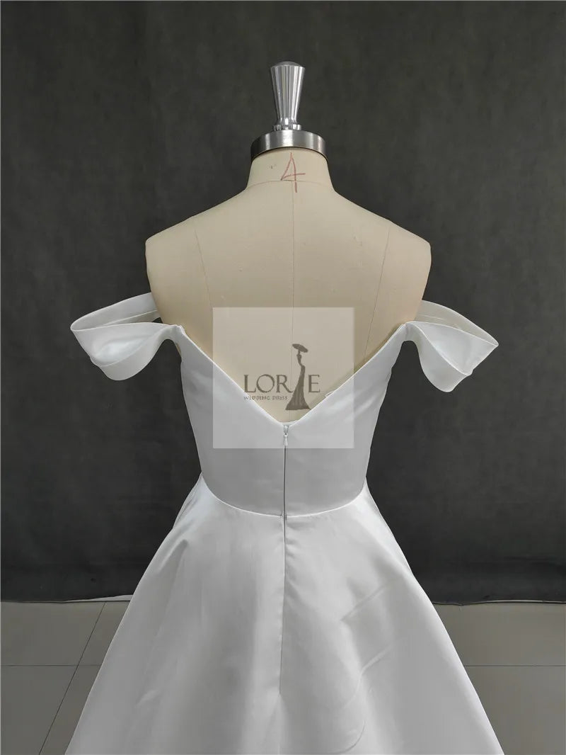 Classic Soft Satin A-Line Wedding Dress | Elegant Off-The-Shoulder Sleeveless Bridal Gown | Vintage Lace Applique Beaded Wedding Party Gown | Model 11DWYW2000051 Custom Floor-Length Court Train Dress Luxegan