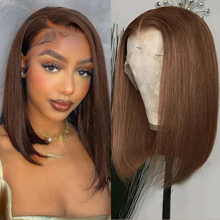 16-Inch Chocolate Brown Straight Bob Wig | Sophisticated 13x4 HD Transparent Lace Frontal | Elegant "Short Bob" Silhouette | "Dignified" Pre-Plucked Vietnamese Remy Human Hair for Radiant Versatile Styling Luxegan