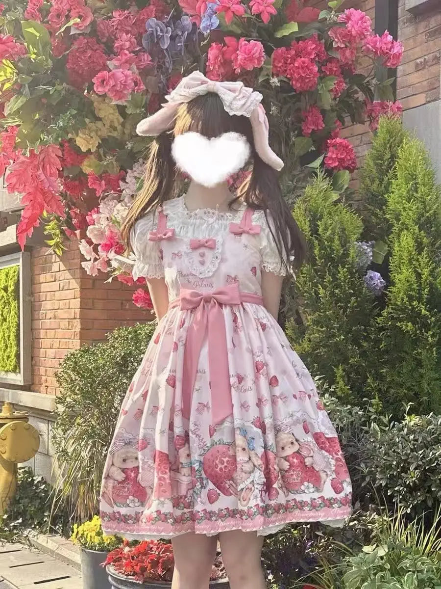 Falling Rabbit Berry Lolita Pink Cute SJK Dress Lolita Big Skirt Girls Birthday Show Cake Dress  birthday dress for women