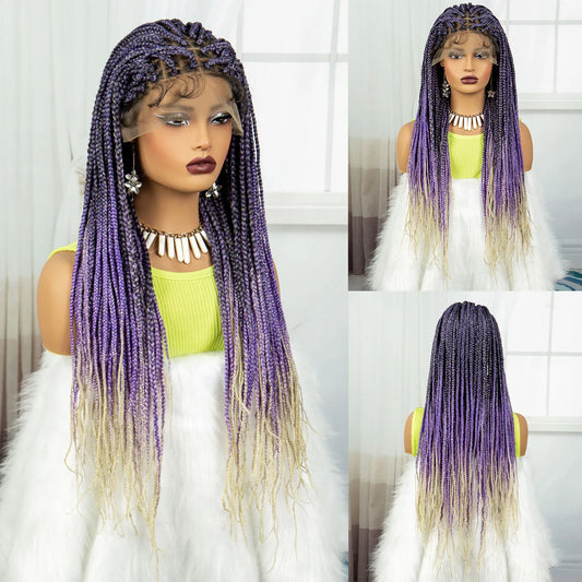36" Purple & Blonde Knotless Box Braids Wig | Lace Front | Baby Hair Luxegan