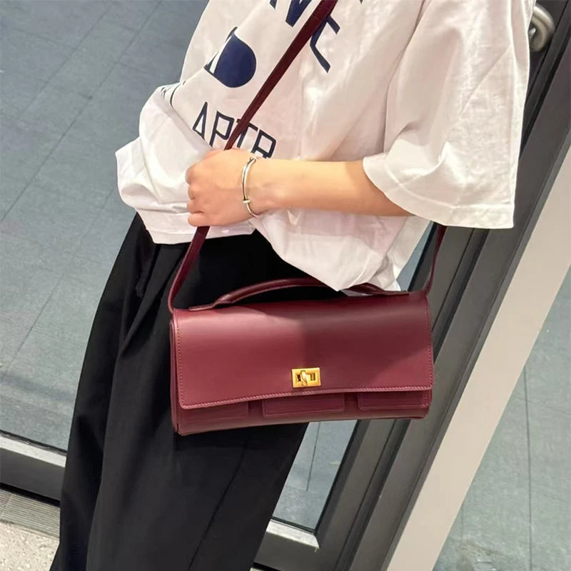 Genuine Leather Solid Satchel | Soft Black Lock Design Shoulder Crossbody Bag Luxegan