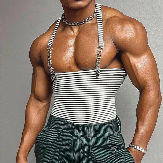 American Style Fashion Men's Striped Hanging Neck Vest | Sophisticated "Metal Strip" Tank Top Silhouette | Elegant Summer Sexy Casual Personality Top | "Dignified" High-Performance Broadcloth Vest for Radiant Versatile Styling Luxegan