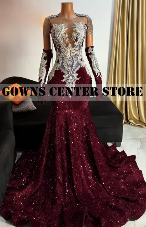 Royal Blue Luxury Crystal Beaded Mermaid Prom Dress | Exquisite Tassel Evening Gown with Matching Gloves | Sleeveless O-Neck Velour Formal Dress with Sweep Train Luxegan