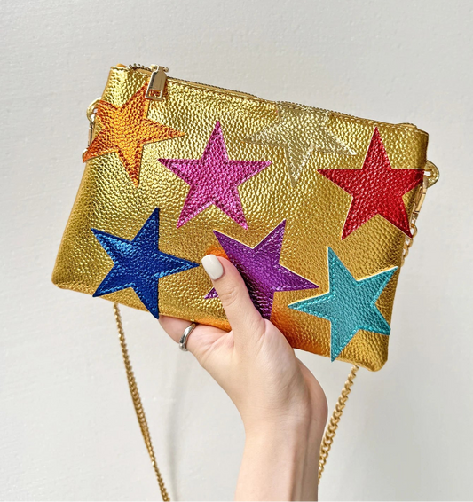 Fashion Women’s Metallic PU Leather Square Clutch | Funky Stars & Colorful Stripes Shoulder Bag | Trendy Patchwork Party Handbag with Chain Strap | Statement Prom & Date Night Purse (Model CRP-2402031) Luxegan