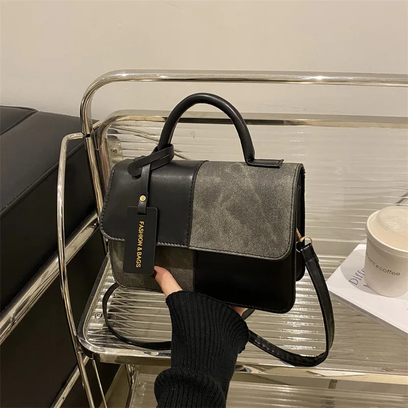 Elegant Geometric Patchwork Satchel Handbag | Vintage PU Leather Crossbody Shoulder Bag | Versatile Soft Tote with Snap Buckle Closure | Everyday Fashion Accessory for Women Luxegan