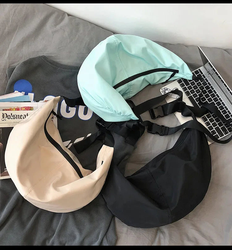 Unisex Solid Color Large Capacity Hobo Crossbody Bag | Harajuku Japanese Style Waterproof Nylon Travel Shoulder Purse Luxegan