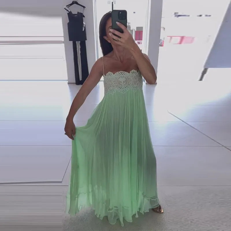Solid Strapless Sleeveless Pleated Loose Fit A-Line Ankle-Length Dress – Natural Waist, Summer Luxegan