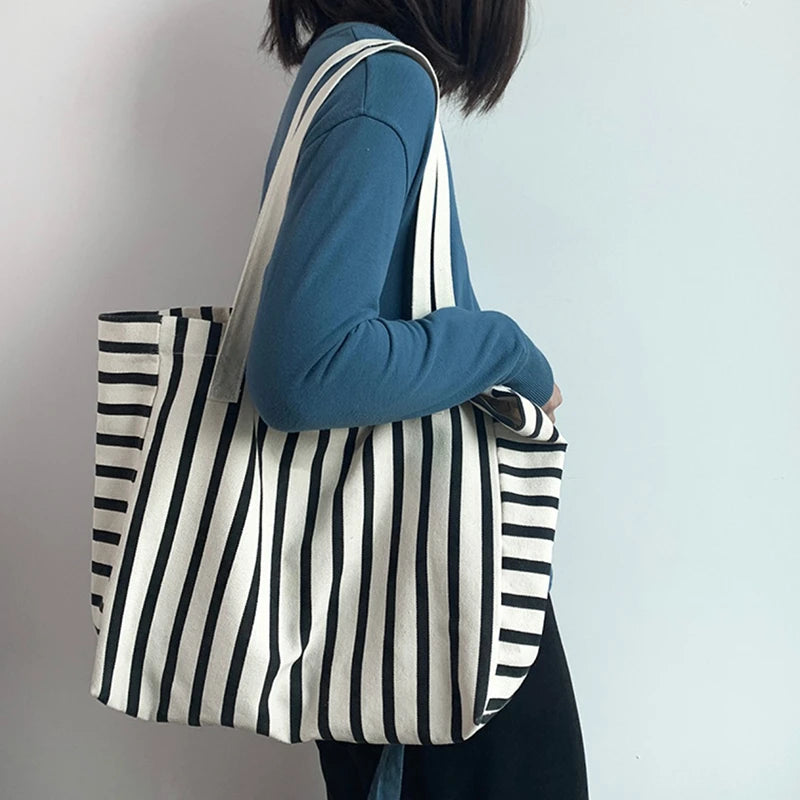 Fashionable Canvas Beach Tote | Large Capacity Striped Shoulder Bag Luxegan