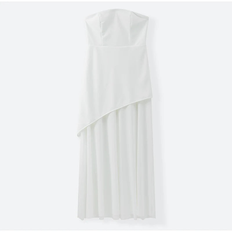 Elegant White Mesh Splicing Slim Women Strapless Dress Chic Scarf Neck Off Shoulder High Waist Long Dresses Lady Party Robes