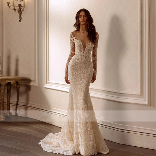 Exquisite Sweetheart Mermaid Wedding Dress | Luxurious Long Sleeve Lace Applique Bridal Gown | Sexy Backless Embroidered Vestidos De Novia | Custom Floor-Length Bridal Gown with Sweep Train Luxegan