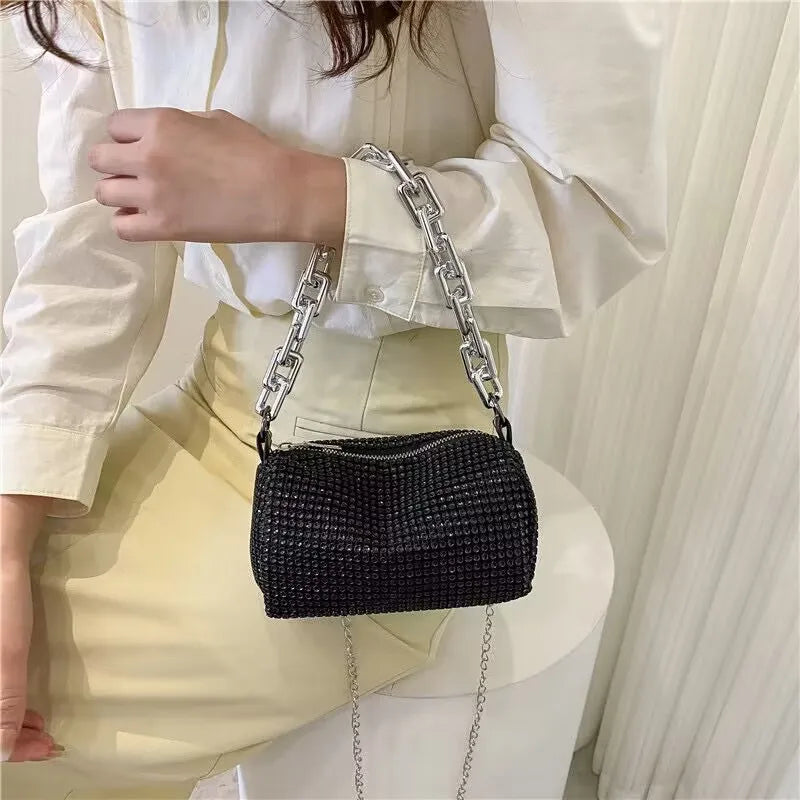 ABS Pillow Shaped Bucket Bag | Moderate Hardness Allover Rhinestone Glitter Chain Crossbody Luxegan