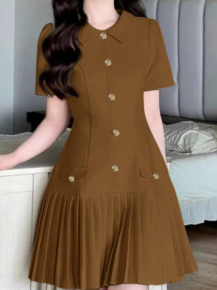 Pleated Lapel Mini Dress | Short Sleeve Button-Trim Work & Casual Sundress Luxegan