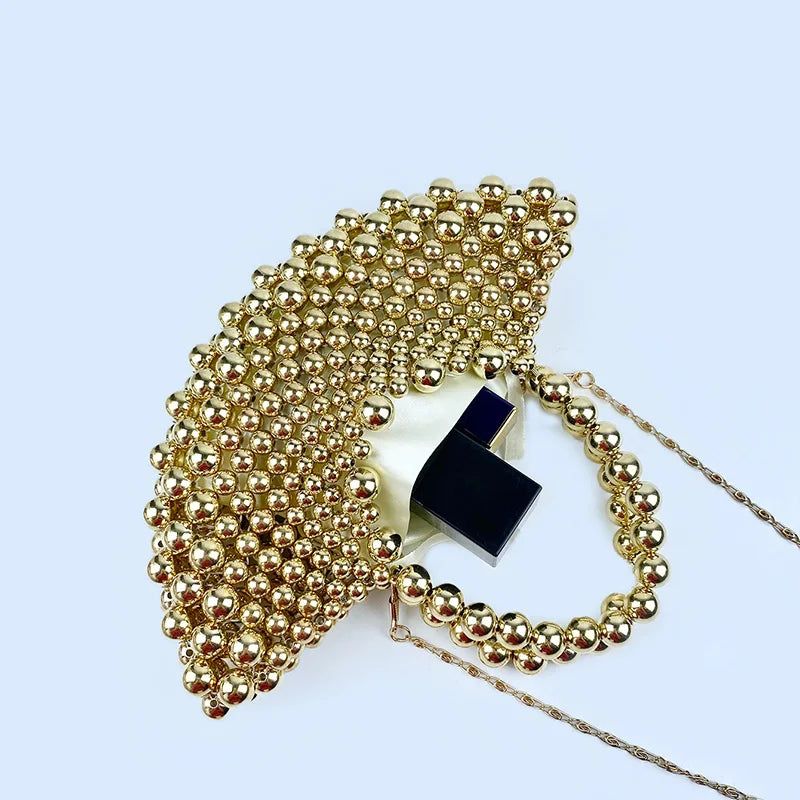 Summer Haute Couture Niche Fan-Shaped Beaded Bag | New Handmade Hollow Pearl Crossbody | Elegant ABS Pearl Hobo & Evening Handbag Luxegan