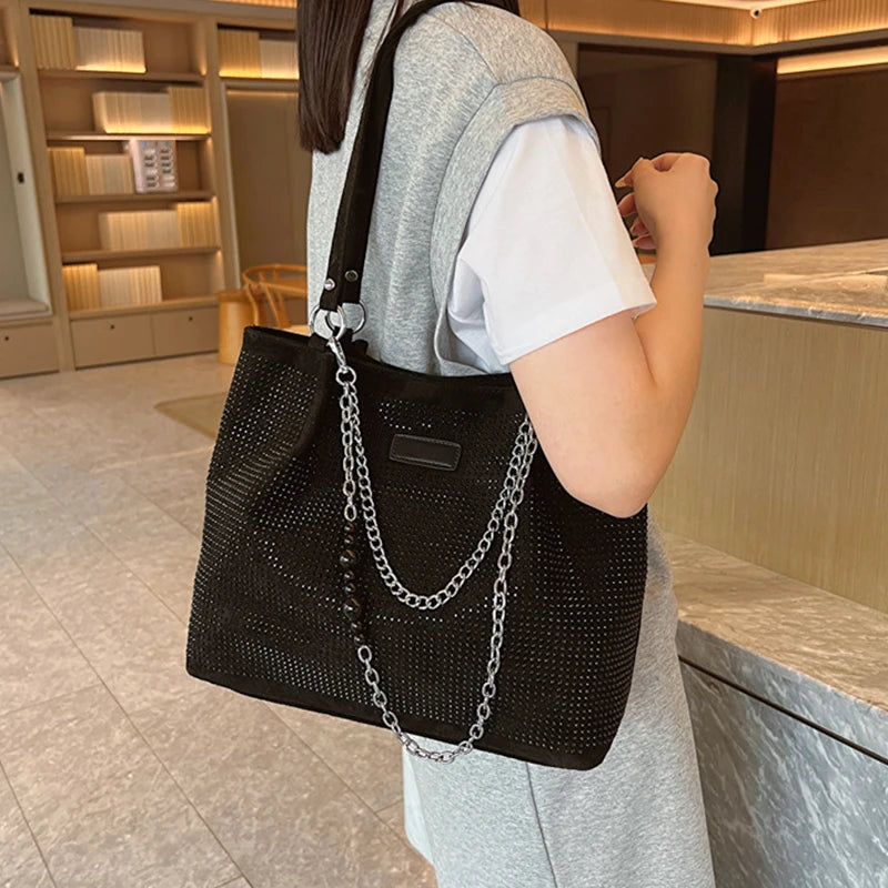 Women's Luxury Design Shopper Tote | Large-Capacity PU Leather Rhinestone Handbag Luxegan
