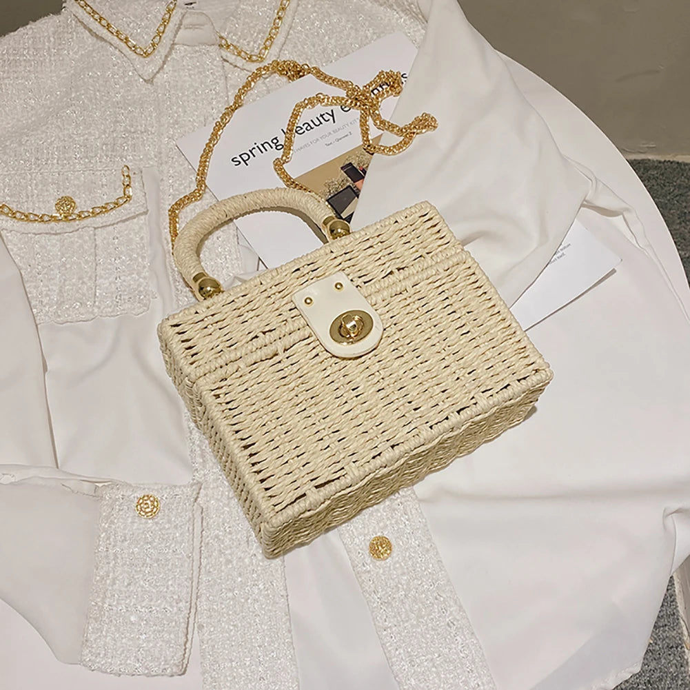 Rattan Straw Shoulder Bag | Women's Boho Hand-Woven Basket Messenger Pouch & Summer Beach Top-Handle Handbag Luxegan