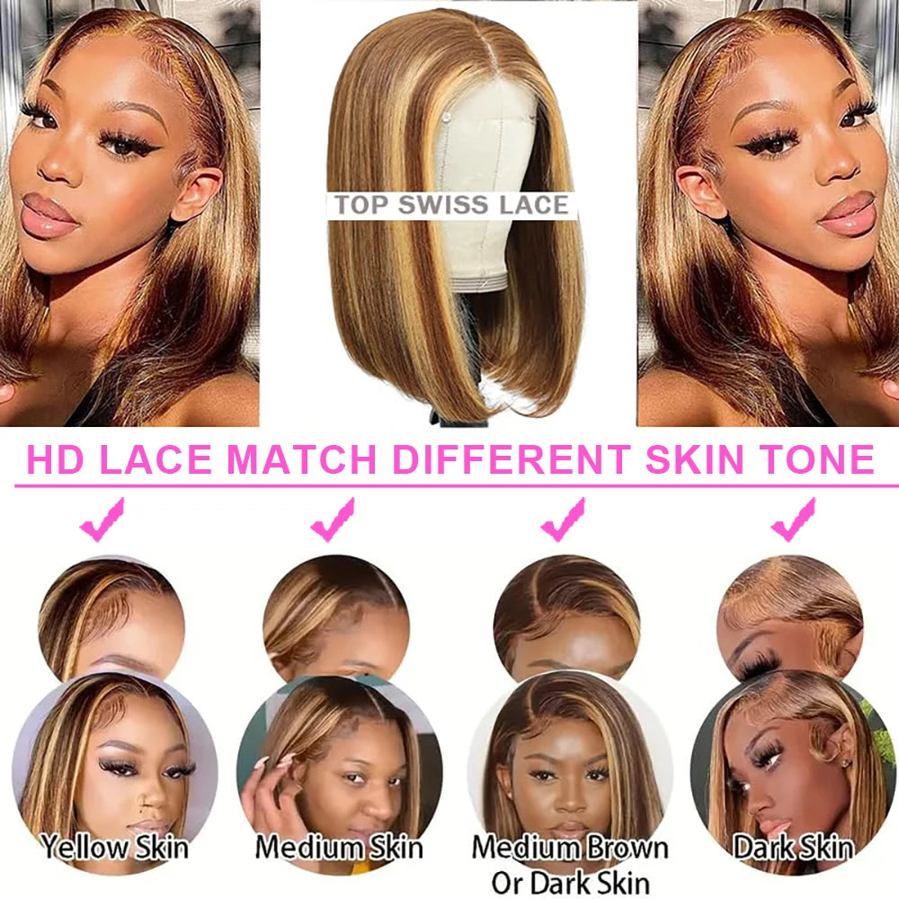Highlight P4/27 Straight Short Bob Wig - 13x4 HD Lace Frontal & 7x5 / 5x5 Wear-and-Go Glueless Human Hair Wig - Pre-Cut Ready-to-Wear Peruvian Remy Hair Bob Wig for Women (4-16 Inch) Luxegan