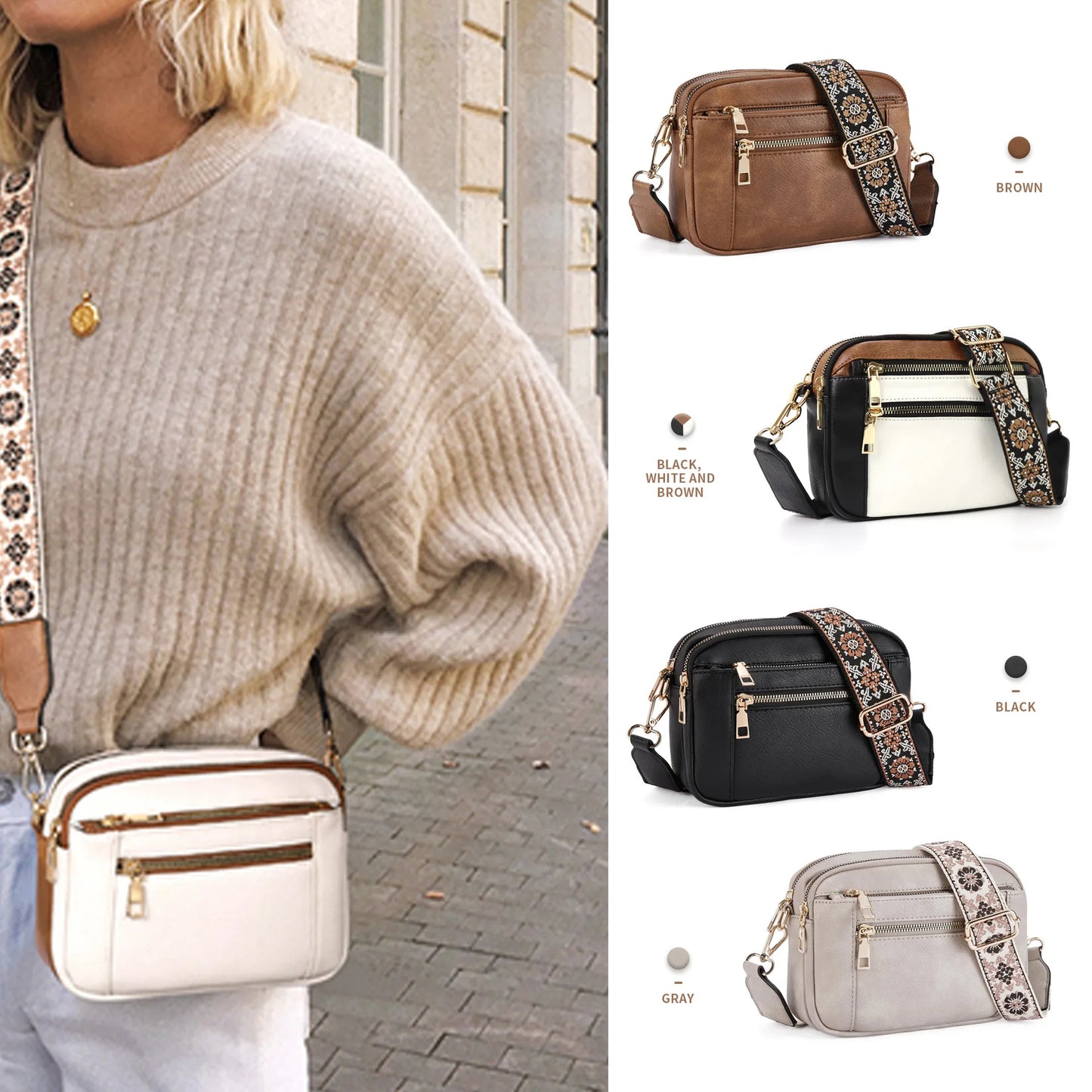 Stylish Wide Strap Leather Crossbody Bag | Color-Matching & Small Square Shoulder Bag Luxegan