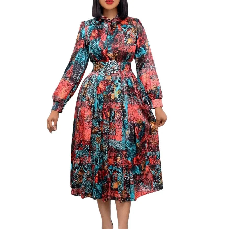 Elegant Vintage Dresses for Women Bow Collar Full Sleeve Belt Waisted A Line Mid Calf Birthday Party Dinner Vestidos Mujer Dress
