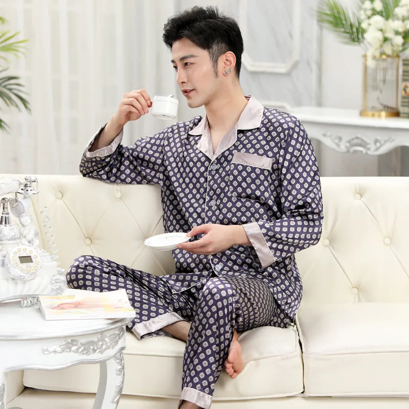Men's Premium Ice Silk Pajama Set | Luxury Paisley Long-Sleeved Sleepwear Suit | Thin Turn-Down Collar Nightwear | Plus Size High-Quality Home Clothes Male Suit Model SY5004 Luxegan