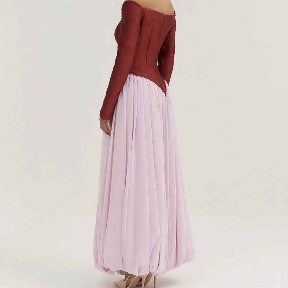 Sequined Draped A-Line Prom Dress | Off-Shoulder Full Sleeve Ankle-Length Gown Luxegan