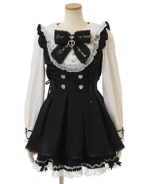 Gothic Vintage Y2K Japanese Style Dress Set | Elegant Lace Lolita Fashion Short Party Dress | Bow Tie Slim Fit Above Knee Mini Dress | Premium Tatting Regular Fit A-Line Luxegan