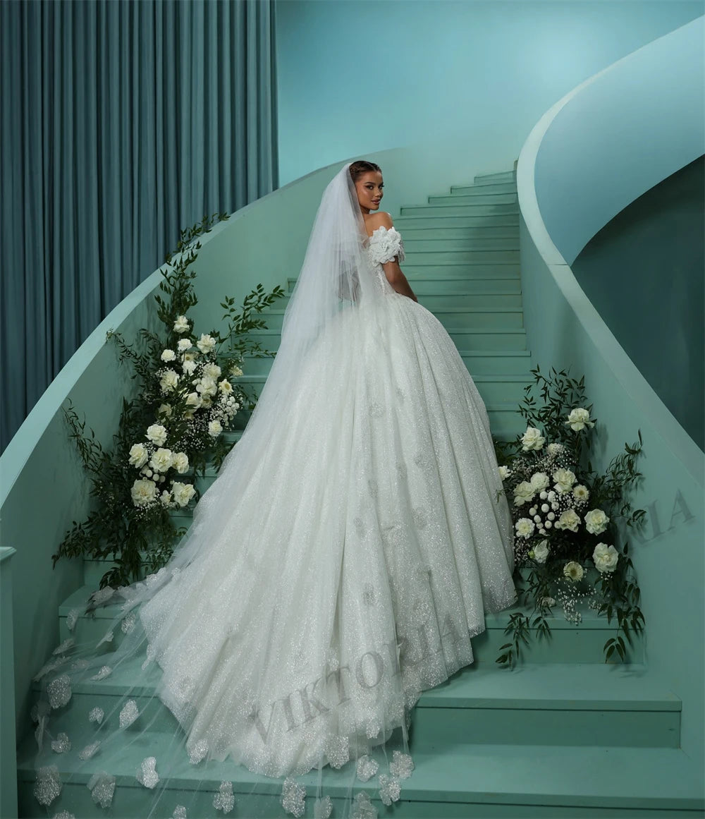 Exquisite Glitter Princess Bridal Ball Gown | Elegant Off-the-Shoulder Sweetheart Silhouette | Custom Made 3D Flowers & Pleated Tulle Wedding Dress | Royal Lace-Up Vestidos De Novias with Sweep Train Luxegan