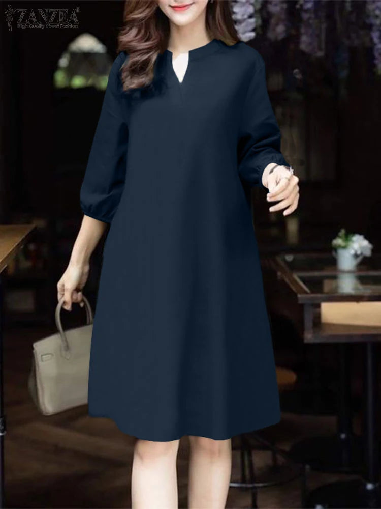 V-Neck Puff Sleeve A-Line Midi Dress | Elegant Solid Work & Casual Autumn Dress Luxegan