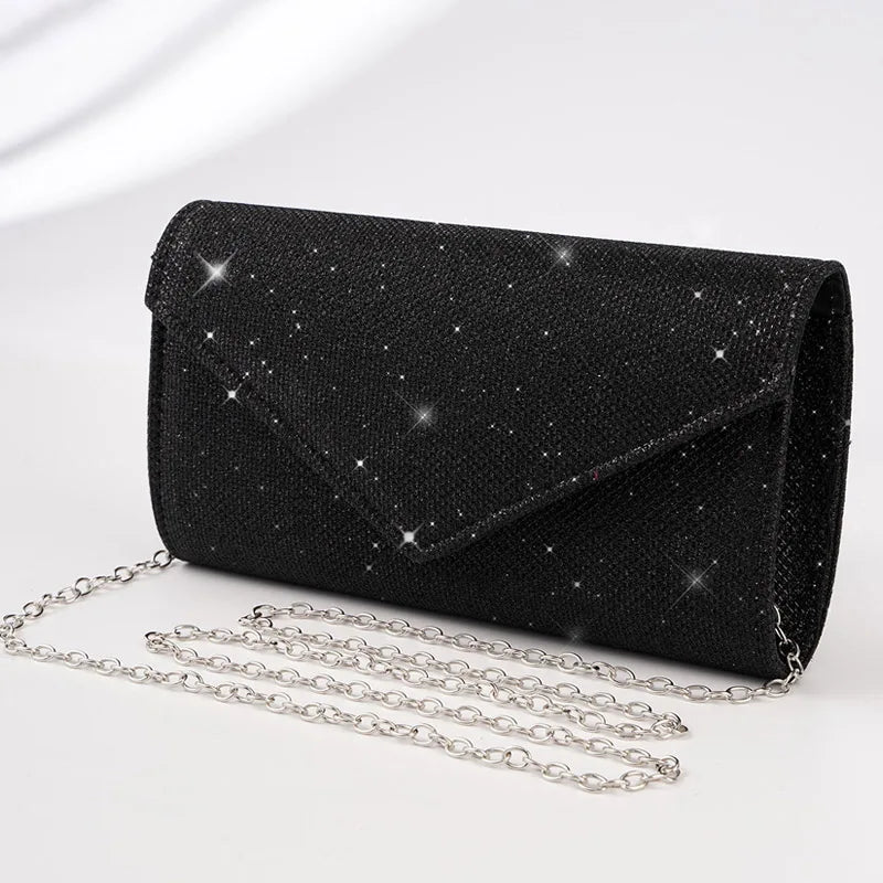 Women Envelope Evening Bag Glitter Ladies Chain Shoulder Bags | Shiny Silver Long Purse Female Wedding Party Clutches Mini Handbag Luxegan