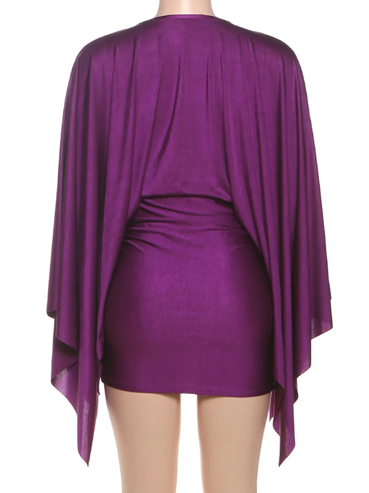 Sexy Midnight Club Party Mini Dress | Fashion Autumn Swing Collar Bodycon Gown | Full Sleeve Batwing Sleeve Skinny Dress | Premium Peach Hip Slim Fit Asymmetrical Vestido Model K25D80389-PE-L Luxegan
