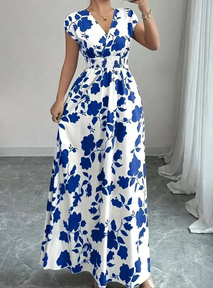 Print Casual V-Neck Short Sleeve Regular Fit Loose Knee-Length Dress – Polyester and Cotton, Natural Waist, Spring/Summer Luxegan