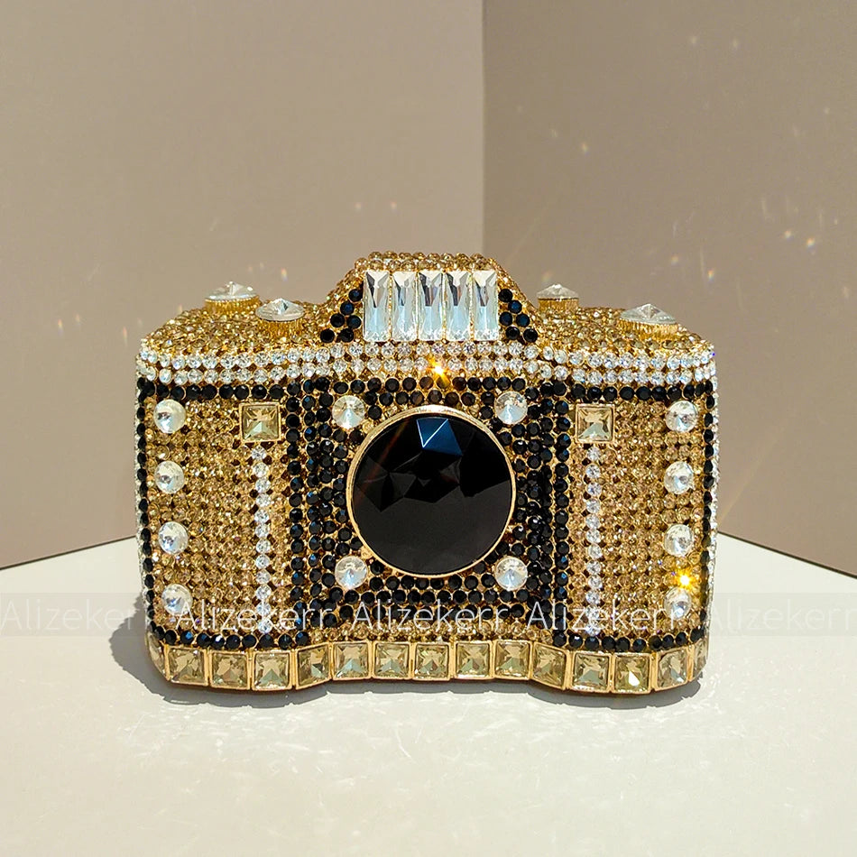 Camera-Shaped Boutique Evening Clutch | Sophisticated Novelty Metallic Rhinestone Purse | Elegant Diamond-Encrusted Bridal Handbag | "Dignified" Hard-Shell Dress Bag for Versatile Party Styling Luxegan