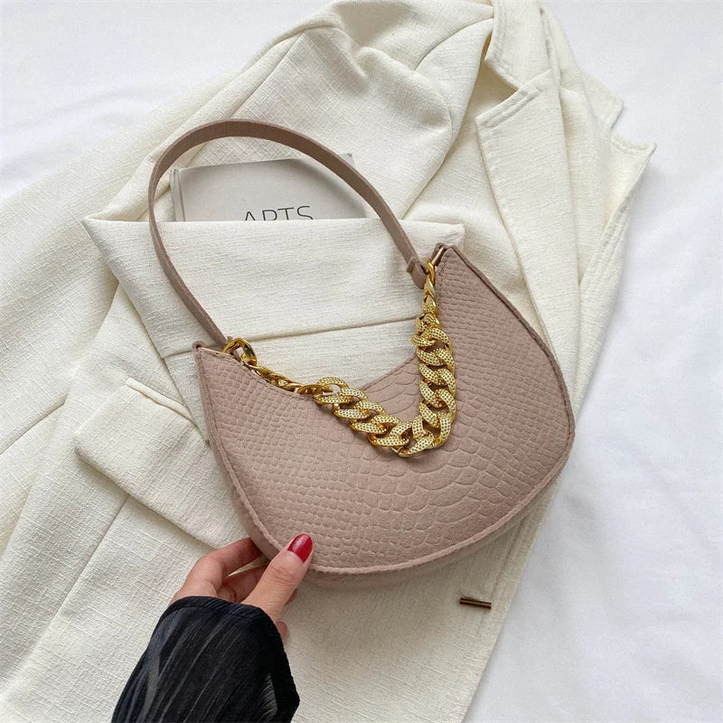 Fashion Women's Felt Handbag | Imitation Metal Chain Underarm Bag (Retro Ladies Solid Color Shoulder Bag, Trendy Casual Clutch Purse) Luxegan
