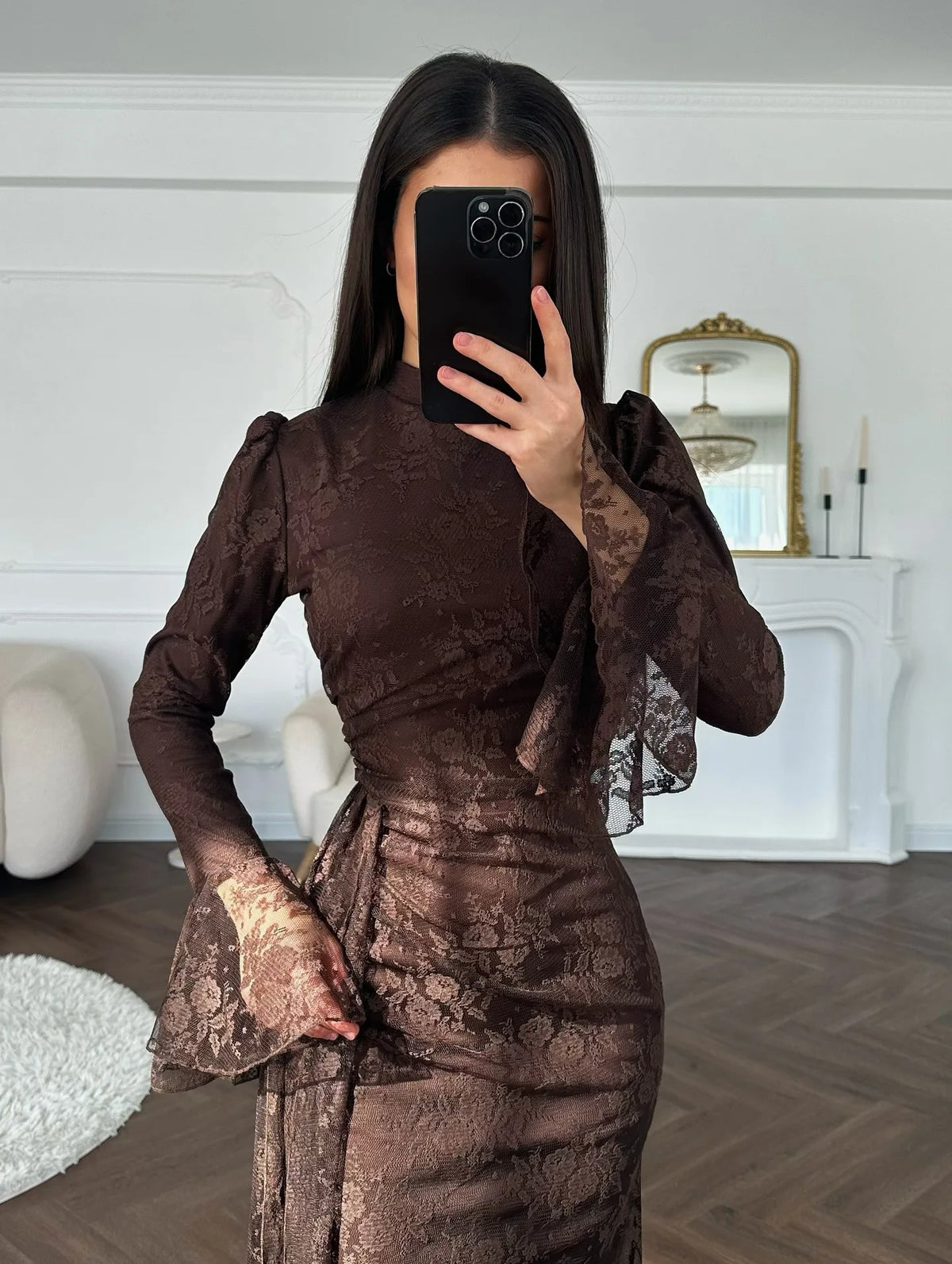 Solid O-Neck Full-Length Sleeve Lace Detail Slim Fit Sheath Ankle-Length Dress – Empire Waist, Spring/Summer Luxegan