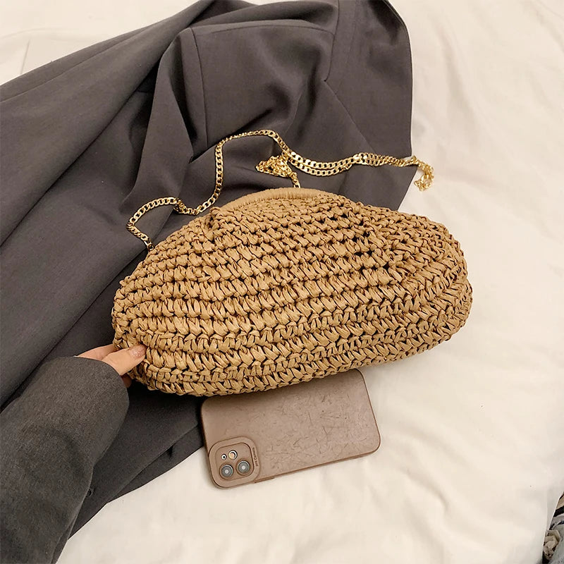 Soft Straw Shell Crossbody Bag | Casual Knitted Shoulder Bag with Excellent Texture Luxegan