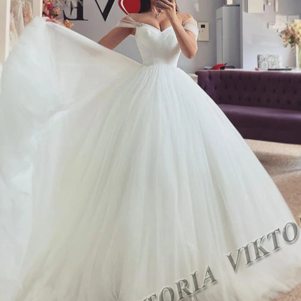 Exquisite Glitter Princess Bridal Ball Gown | Elegant Off-the-Shoulder Sweetheart Silhouette | Custom Made 3D Flowers & Pleated Tulle Wedding Dress | Royal Lace-Up Vestidos De Novias with Sweep Train Luxegan