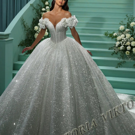 Exquisite Glitter Princess Bridal Ball Gown | Elegant Off-the-Shoulder Sweetheart Silhouette | Custom Made 3D Flowers & Pleated Tulle Wedding Dress | Royal Lace-Up Vestidos De Novias with Sweep Train Luxegan